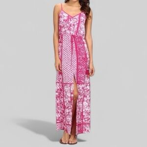 Michael Kors Spaghetti Strap Front Slit V-Neck Maxi Dress Pink White Size Small